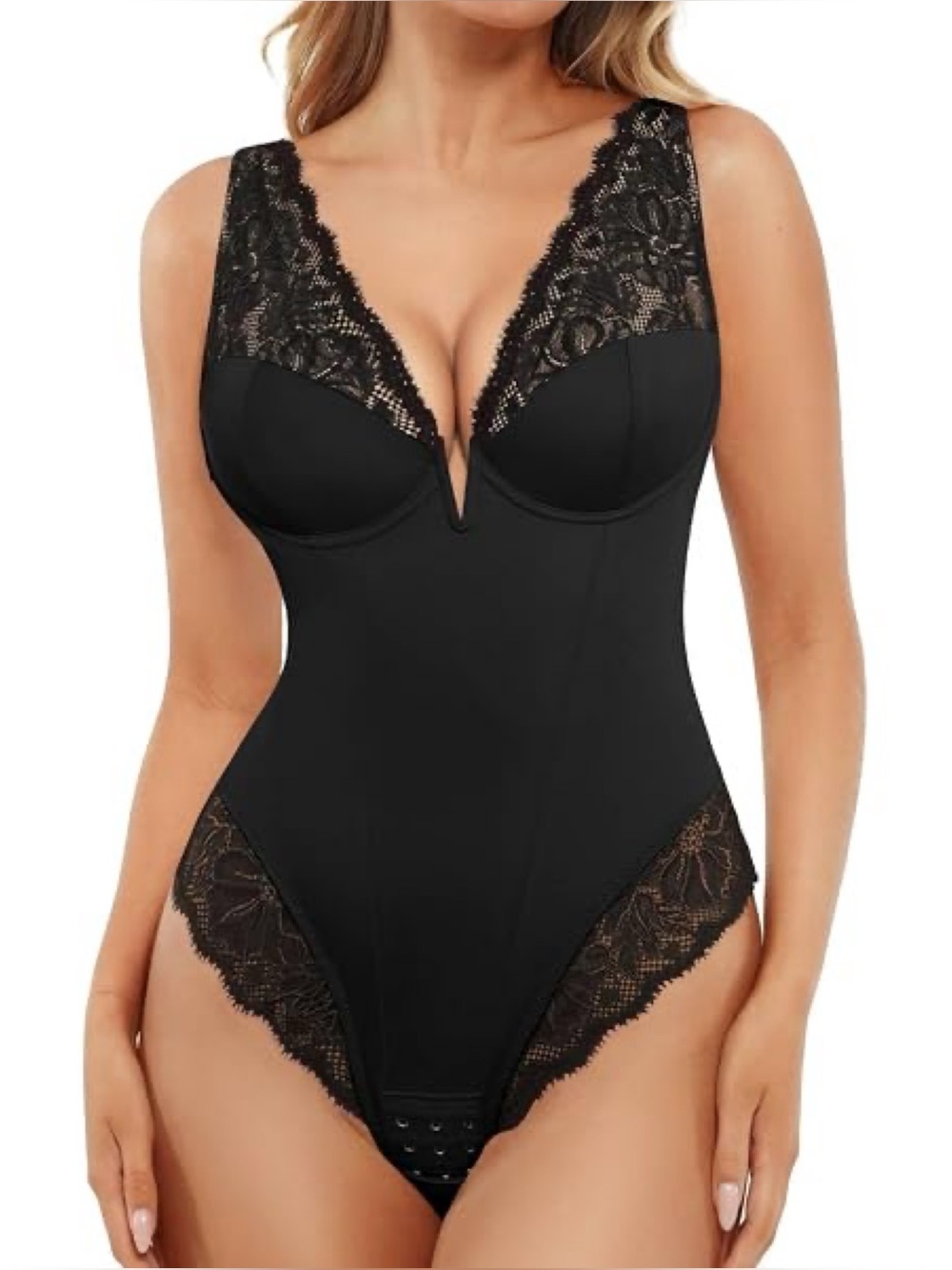 NWT Popilush Shapewear Deep V-Neck Sculpting Lace Inset Black Bodysuit 3XL